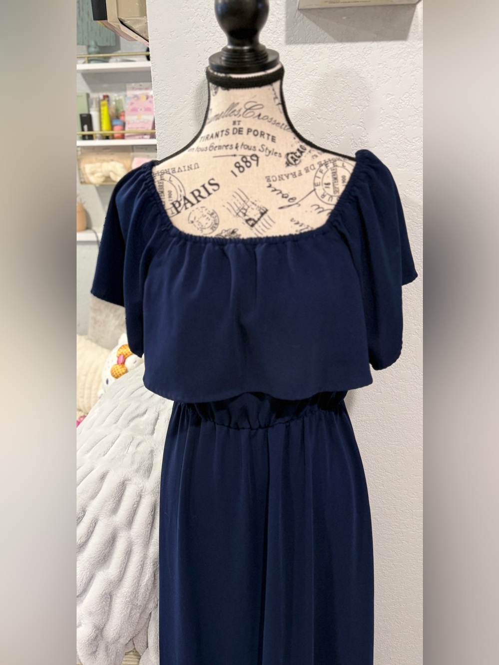 SUGAR+LIPS Navy Blue Off Shoulder Maxi Dress Size Medium | Boho Beach Vacation - Picture 3 of 9